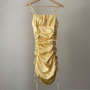 Nana Jacqueline NWOT Butterfly Lace Up Ruched Bow Mini Dress Medium M Yellow